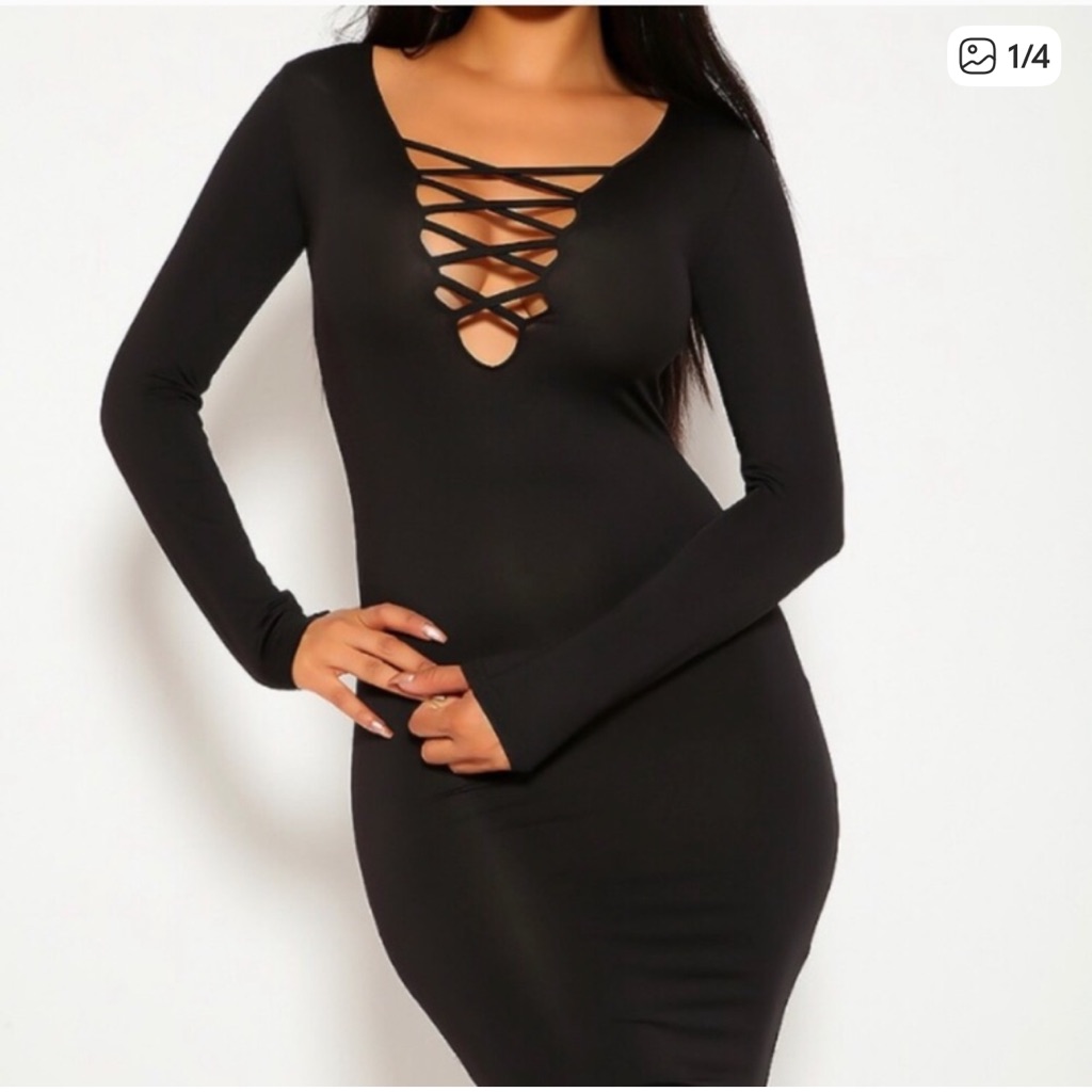 Allegrace Black Longsleeve Bodycon Dress Crisscross Straps Size Small Nwt